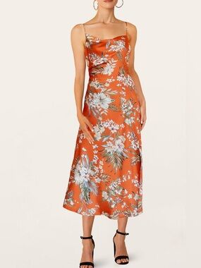 Anthropologie paper heart Floral Satin Slip Midi Dress with slight cowl neck